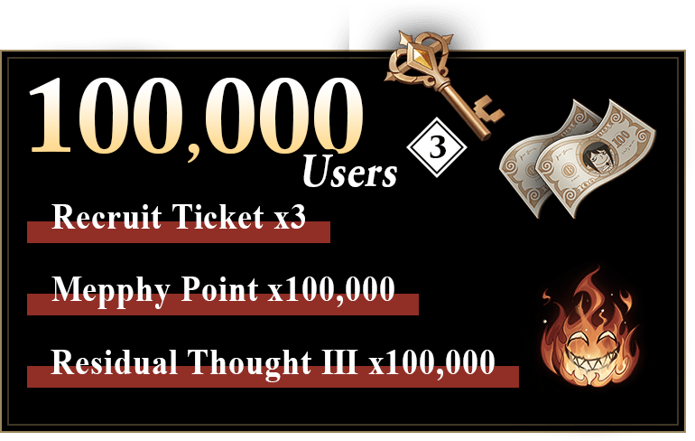 100,000 Users: Recruit Ticket x2, Mepphy Point x100,000, Residual Thought III x100,000