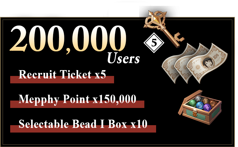 200,000 Users: Recruit Ticket x5, Mepphy Point x150,000, Selectable Bead I Box x10