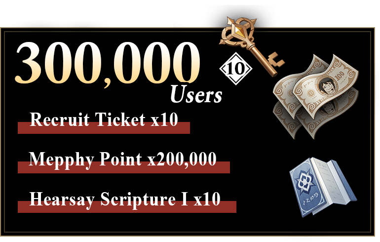 300,000 Users: Recruit Ticket x10, Mepphy Point x200,000, Hearsay Scripture I x10